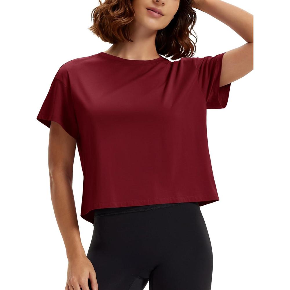 imageMAGCOMSEN Workout Crop Tops for Women Short Sleeve Cotton Athletic Yoga Tops Loose Casual Cropped T ShirtsVintage Red
