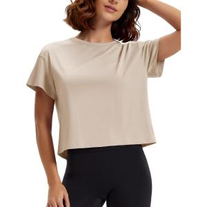 imageMAGCOMSEN Workout Crop Tops for Women Short Sleeve Cotton Athletic Yoga Tops Loose Casual Cropped T ShirtsApricot