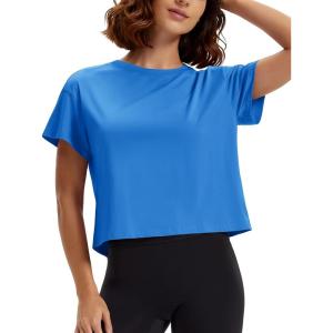 imageMAGCOMSEN Workout Crop Tops for Women Short Sleeve Cotton Athletic Yoga Tops Loose Casual Cropped T ShirtsAzure
