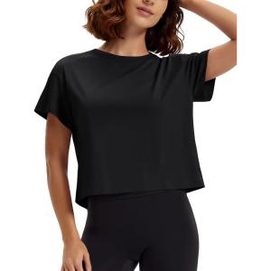 imageMAGCOMSEN Workout Crop Tops for Women Short Sleeve Cotton Athletic Yoga Tops Loose Casual Cropped T ShirtsBlack