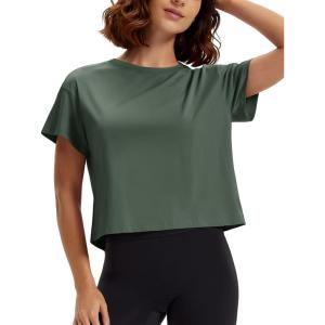 imageMAGCOMSEN Workout Crop Tops for Women Short Sleeve Cotton Athletic Yoga Tops Loose Casual Cropped T ShirtsDark Gray Green