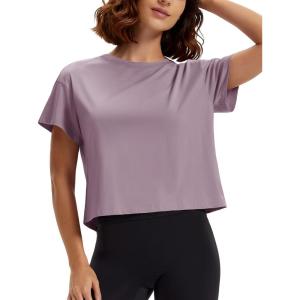 imageMAGCOMSEN Workout Crop Tops for Women Short Sleeve Cotton Athletic Yoga Tops Loose Casual Cropped T ShirtsGray Purple