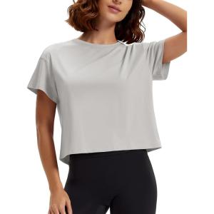 imageMAGCOMSEN Workout Crop Tops for Women Short Sleeve Cotton Athletic Yoga Tops Loose Casual Cropped T ShirtsLight Grey