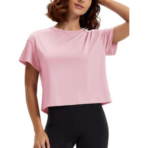 imageMAGCOMSEN Workout Crop Tops for Women Short Sleeve Cotton Athletic Yoga Tops Loose Casual Cropped T ShirtsLight Pink