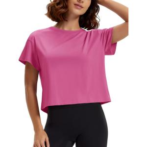 imageMAGCOMSEN Workout Crop Tops for Women Short Sleeve Cotton Athletic Yoga Tops Loose Casual Cropped T ShirtsRose Red