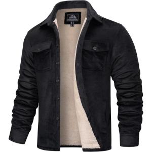 imageMAGCOMSEN Mens Flannel Shirt Jacket Fleece Lined Thick Long Sleeve Coat Winter Warm Plaid Shacket Jackets with 5 PocketsBlack
