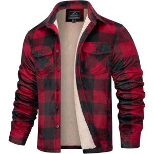 imageMAGCOMSEN Mens Flannel Shirt Jacket Fleece Lined Thick Long Sleeve Coat Winter Warm Plaid Shacket Jackets with 5 PocketsBlack Red
