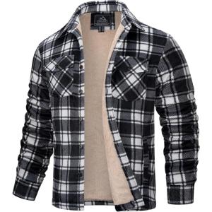 imageMAGCOMSEN Mens Flannel Shirt Jacket Fleece Lined Thick Long Sleeve Coat Winter Warm Plaid Shacket Jackets with 5 PocketsBlack White