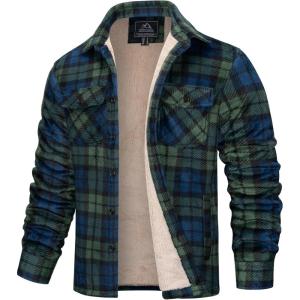 imageMAGCOMSEN Mens Flannel Shirt Jacket Fleece Lined Thick Long Sleeve Coat Winter Warm Plaid Shacket Jackets with 5 PocketsGreen Blue