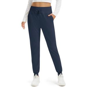 imageMAGCOMSEN Womens Fleece Lined Joggers High Waisted Water Resistant Thermal Winter Hiking Running Sweatpants with PocketsNavy