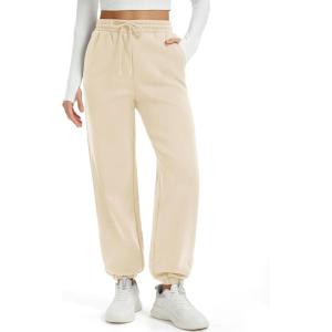 imageMAGCOMSEN Womens Fleece Lined Joggers Winter Baggy Sweatpants with Pockets Thermal High Waisted Casual Athletic PantsLight Apricot