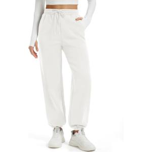 imageMAGCOMSEN Womens Fleece Lined Joggers Winter Baggy Sweatpants with Pockets Thermal High Waisted Casual Athletic PantsWhite