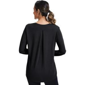 imageMAGCOMSEN Womens Long Sleeve Workout Shirts MoistureWicking Loose Fit Athletic Running Yoga Tops with Thumb HoleBlack
