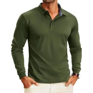 imageMAGCOMSEN Mens Polo Shirts Long Sleeve Golf Shirt Performance Quick Dry Moisture Wicking Casual Collared ShirtsArmy Green