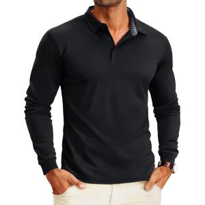 imageMAGCOMSEN Mens Polo Shirts Long Sleeve Golf Shirt Performance Quick Dry Moisture Wicking Casual Collared ShirtsBlack