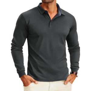 imageMAGCOMSEN Mens Polo Shirts Long Sleeve Golf Shirt Performance Quick Dry Moisture Wicking Casual Collared ShirtsDarkgrey
