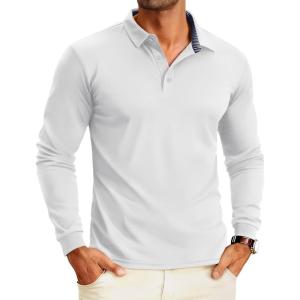 imageMAGCOMSEN Mens Polo Shirts Long Sleeve Golf Shirt Performance Quick Dry Moisture Wicking Casual Collared ShirtsWhite