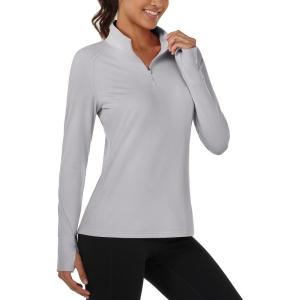 imageMAGCOMSEN Quarter Zip Pullover Women Fleece Shirt Thermal Long Sleeve Athletic Running Tops Thumb HoleLight Grey