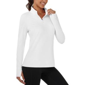 imageMAGCOMSEN Quarter Zip Pullover Women Fleece Shirt Thermal Long Sleeve Athletic Running Tops Thumb HoleWhite