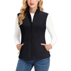 imageMAGCOMSEN Womens Fleece Vest Outerwear Sleeveless Lightweight Zip Jacket Warm Soft Hiking Running Vest Zipper PocketsBlack