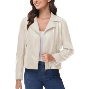 imageMAGCOMSEN Womens Leather Casual Jacket Lightweight Faux Leather Fall Spring Biker Vintage JacketsBeigewhite
