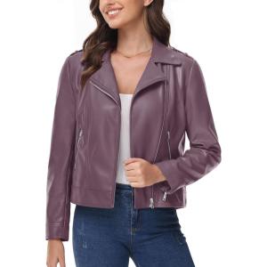 imageMAGCOMSEN Womens Leather Casual Jacket Lightweight Faux Leather Fall Spring Biker Vintage JacketsPurple