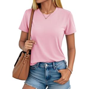 imageMAGCOMSEN Cotton Short Sleeve Shirts for Women Crew Neck T Shirts UPF50 Trendy Casual Summer Tops Basic TeeLight Pink