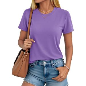 imageMAGCOMSEN Cotton Short Sleeve Shirts for Women Crew Neck T Shirts UPF50 Trendy Casual Summer Tops Basic TeeLight Purple