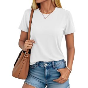 imageMAGCOMSEN Cotton Short Sleeve Shirts for Women Crew Neck T Shirts UPF50 Trendy Casual Summer Tops Basic TeeWhite
