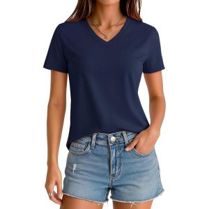 imageMAGCOMSEN Womens Cotton T Shirt VNeck Short Sleeve Shirt ClassicFit Casual Breathable Tee Summer Basic TopsNavy Blue