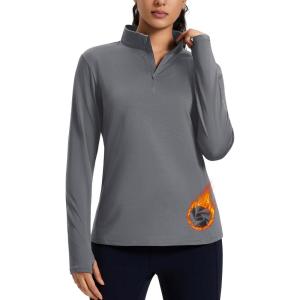imageMAGCOMSEN Womens Quarter Zip Fleece Pullover Thermal Shirts with Zip Pocket Workout Running Tops Thumb HolesDark Grey