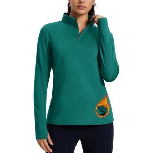 imageMAGCOMSEN Womens Quarter Zip Fleece Pullover Thermal Shirts with Zip Pocket Workout Running Tops Thumb HolesGreen
