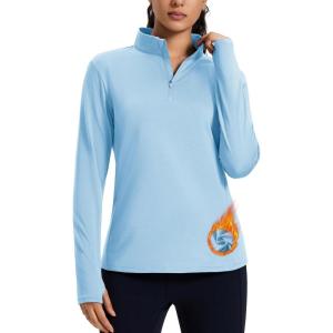 imageMAGCOMSEN Womens Quarter Zip Fleece Pullover Thermal Shirts with Zip Pocket Workout Running Tops Thumb HolesLsblue
