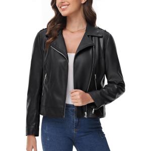 imageMAGCOMSEN Womens Leather Casual Jacket Lightweight Faux Leather Fall Spring Biker Vintage JacketsBlack