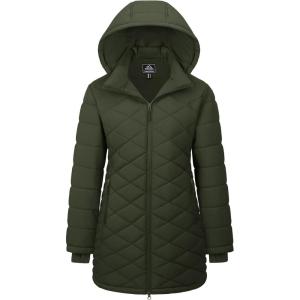 imageMAGCOMSEN Womens Long Winter Quilted Puffer Jackets Lightweight Warm Insulated Coat Waterproof Outwear Parkas with HoodArmy Green