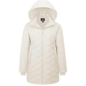 imageMAGCOMSEN Womens Long Winter Quilted Puffer Jackets Lightweight Warm Insulated Coat Waterproof Outwear Parkas with HoodBeige