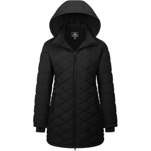 imageMAGCOMSEN Womens Long Winter Quilted Puffer Jackets Lightweight Warm Insulated Coat Waterproof Outwear Parkas with HoodBlack