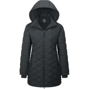imageMAGCOMSEN Womens Long Winter Quilted Puffer Jackets Lightweight Warm Insulated Coat Waterproof Outwear Parkas with HoodDark Grey