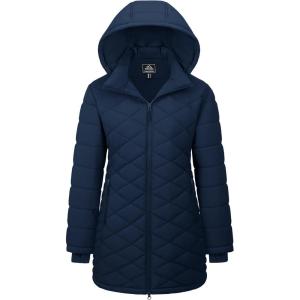 imageMAGCOMSEN Womens Long Winter Quilted Puffer Jackets Lightweight Warm Insulated Coat Waterproof Outwear Parkas with HoodNavy
