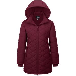 imageMAGCOMSEN Womens Long Winter Quilted Puffer Jackets Lightweight Warm Insulated Coat Waterproof Outwear Parkas with HoodWine Red