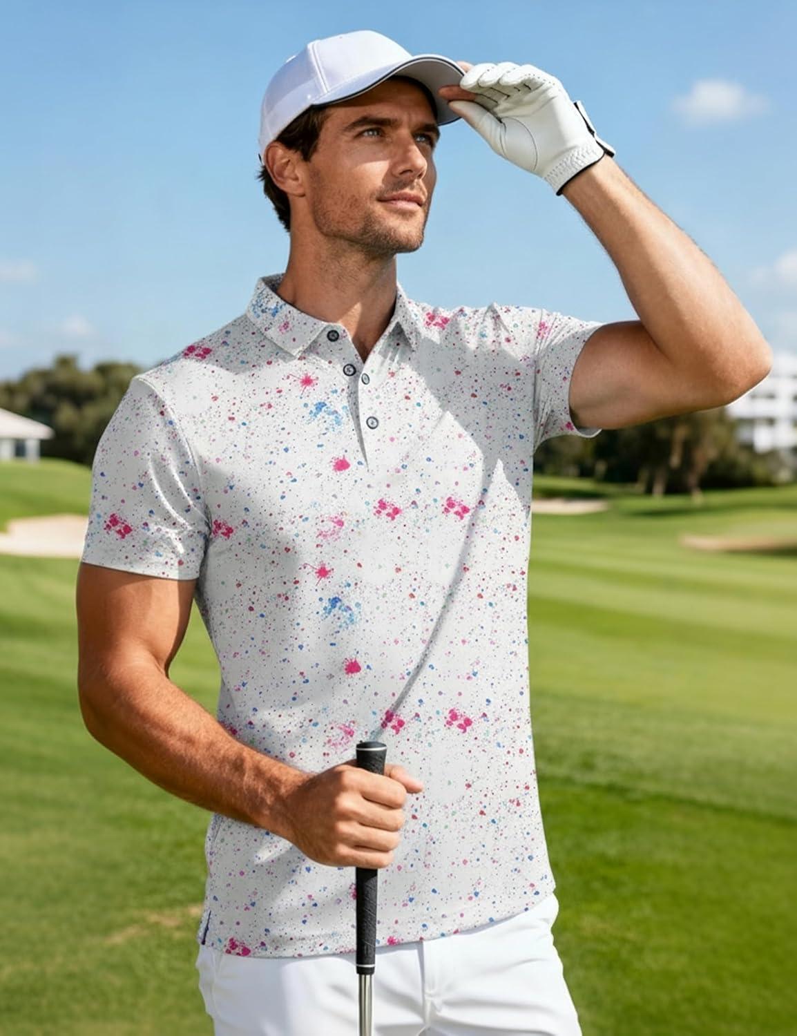 imageMAGCOMSEN Mens Golf Shirt Short Sleeve Dry Fit Moisture Wicking Golf Polos Casual Performance Print Collared Shirt MenColor White