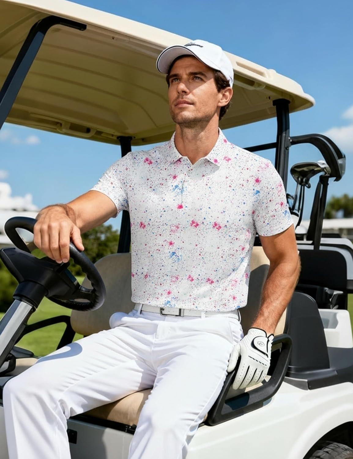 imageMAGCOMSEN Mens Golf Shirt Short Sleeve Dry Fit Moisture Wicking Golf Polos Casual Performance Print Collared Shirt MenColor White