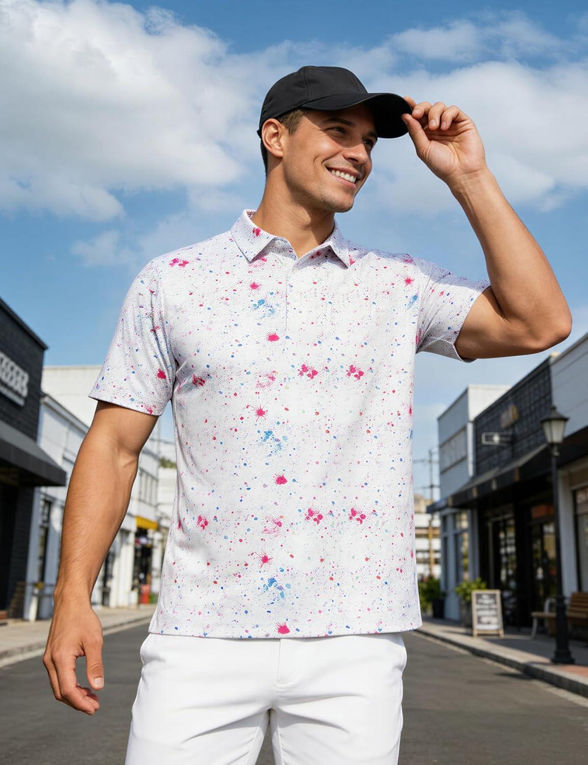 imageMAGCOMSEN Mens Golf Shirt Short Sleeve Dry Fit Moisture Wicking Golf Polos Casual Performance Print Collared Shirt MenColor White