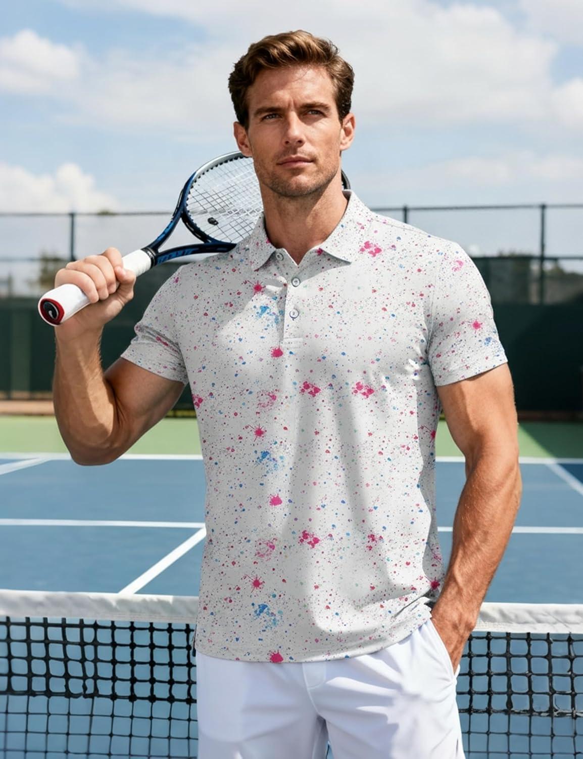 imageMAGCOMSEN Mens Golf Shirt Short Sleeve Dry Fit Moisture Wicking Golf Polos Casual Performance Print Collared Shirt MenColor White