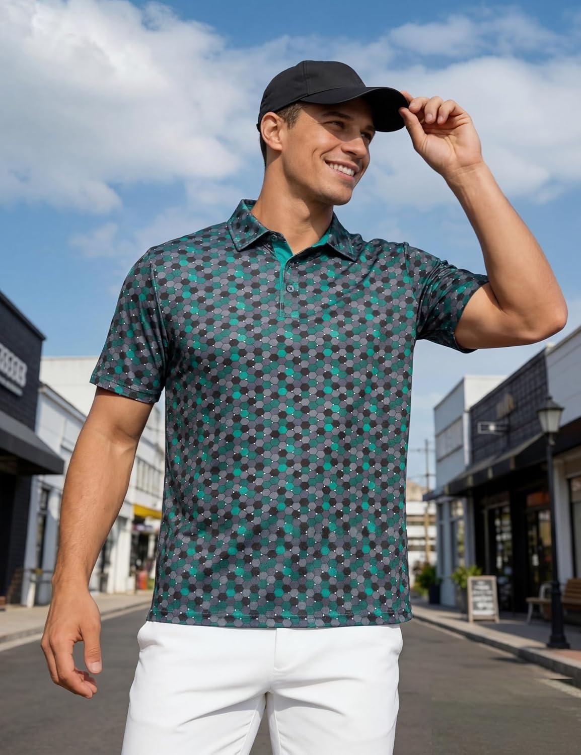 imageMAGCOMSEN Mens Golf Shirt Short Sleeve Dry Fit Moisture Wicking Golf Polos Casual Performance Print Collared Shirt MenDeep Green