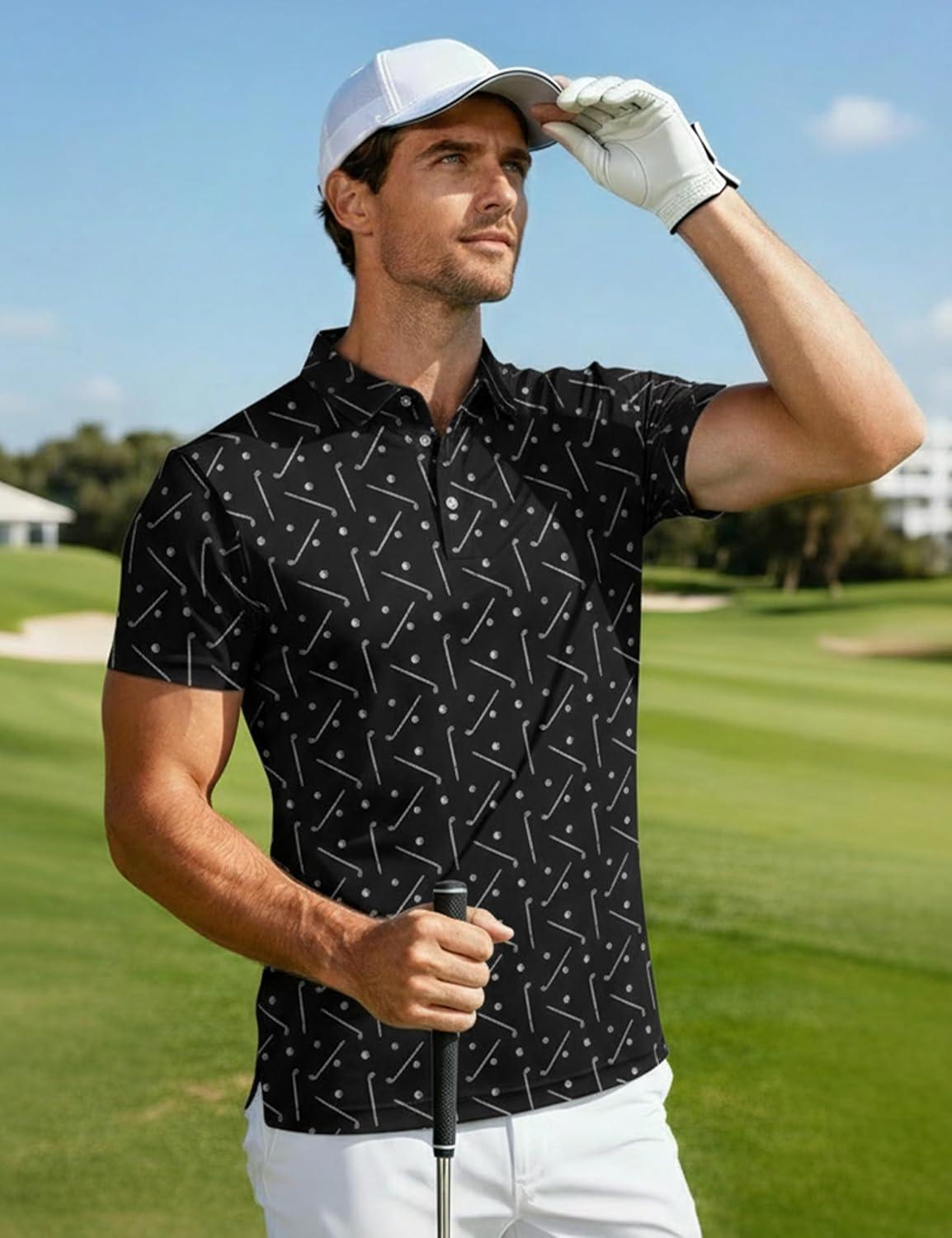 imageMAGCOMSEN Mens Golf Shirt Short Sleeve Dry Fit Moisture Wicking Golf Polos Casual Performance Print Collared Shirt MenGolf Black