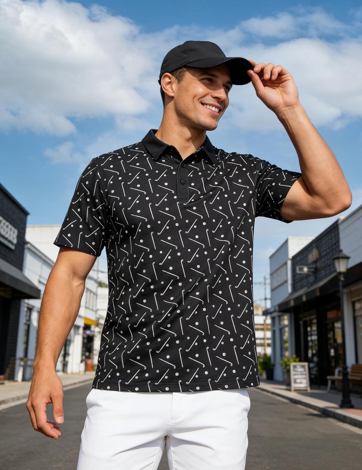 imageMAGCOMSEN Mens Golf Shirt Short Sleeve Dry Fit Moisture Wicking Golf Polos Casual Performance Print Collared Shirt MenGolf Black