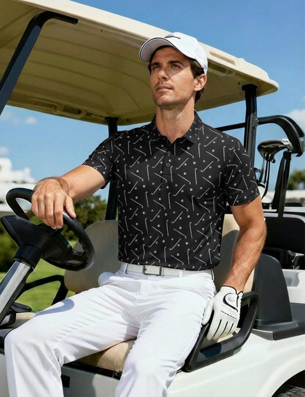 imageMAGCOMSEN Mens Golf Shirt Short Sleeve Dry Fit Moisture Wicking Golf Polos Casual Performance Print Collared Shirt MenGolf Black