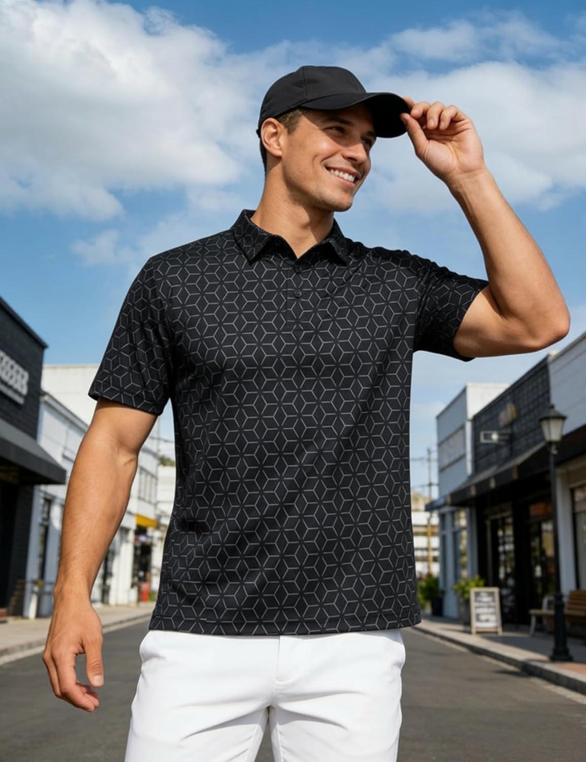 imageMAGCOMSEN Mens Golf Shirt Short Sleeve Dry Fit Moisture Wicking Golf Polos Casual Performance Print Collared Shirt MenLine Black