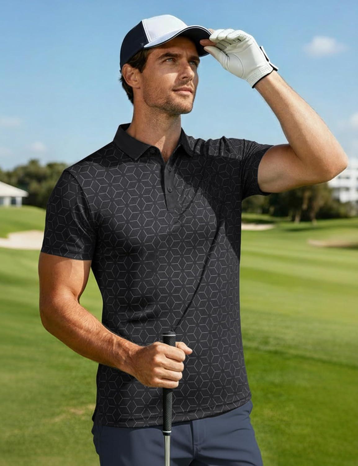 imageMAGCOMSEN Mens Golf Shirt Short Sleeve Dry Fit Moisture Wicking Golf Polos Casual Performance Print Collared Shirt MenLine Black